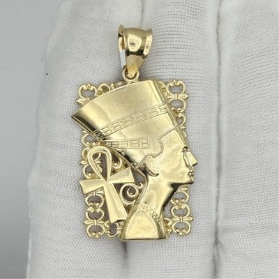 10k Yellow Gold Mens Egyptian Nefertiti Ankh Charm Pendant
