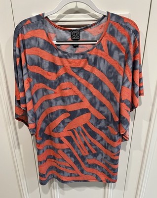 Clara Sun Woo Tunic Size XL Ruffle Sleeve Artsy Coral & Gray Zebra Print Stretch