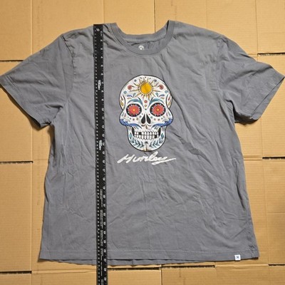 Hurley Skull Graphic Men's Gray Cotton T-Shirt Crew Neck Size XL
