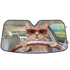 Fun Cute Cat Driving Car Windshield Sun Shade Foldable UV 55x27.6 inch multi 15