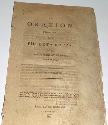 Rare Antique Oration Honor Society Phi Beta Kappa Dartmouth College NH! 1804! US
