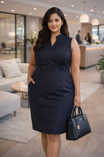 Talbots Plus Petite 14WP Navy Wool Sheath Dress Sleeveless Button Accent NWT