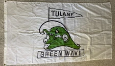 Vtg TULANE UNIVERSITY GREEN WAVE 3'X5' BANNER FLAG White Retro 80s 90s NOS