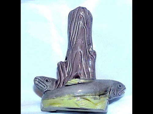 Vintage Weller Reproduction Flower Frog Japan Two Fish Swimming Around Stump