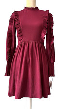 FOREVER 21 NEW Cranberry Long Sleeve Smocked Crepe Ruffle Fit & Flare Dress S