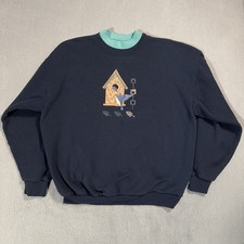 Top Stitch Morning Sun Vtg Blue Bird House Grandma Sweater Sweatshirt Petite Lrg
