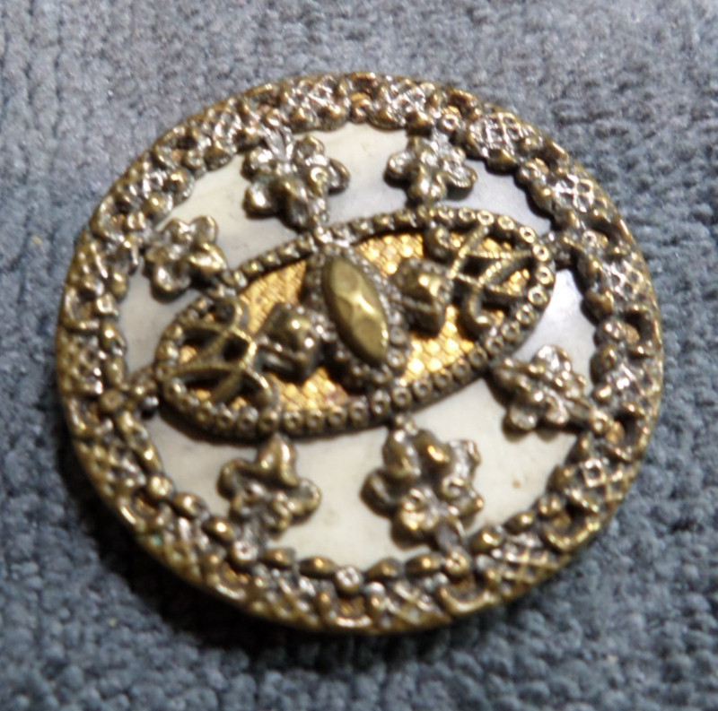 Large Vintage Antique Victorian Metal & Celluloid Picture Button FANCY DESIGN