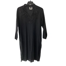 Black Sheer Cotton Rosette Tunic Dress Boho Fairy Grunge Gauze Beaded M