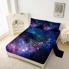 Blue Purple Galaxy Fitted Sheet Sets Queen Size for Boys Kids Teens Outer Spa...
