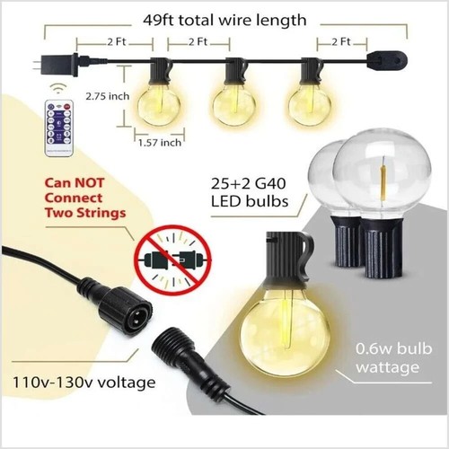 Outdoor LED String Lights G40 w/ Remote 49ft Waterproof 2200K Party Patio Yard - Picture 3 of 6