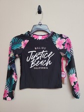 NWT JUSTICE Girls Rash Guard Long Sleeve Round Neck Floral Print Stretch.Size M
