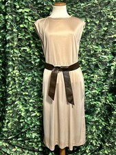 Vintage 1980s Midi Dress Belted Sleeveless Polyester Beige Womens Medium