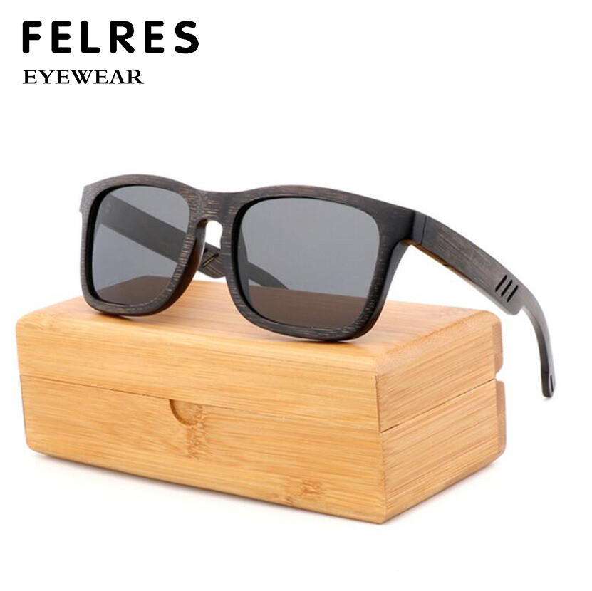 Bamboo Wood Polarized Square Sunglasses Men Women Black Wooden