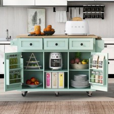 Kitchen Cart with Rubber wood Drop-Leaf Countertop Cabinet door internal storage