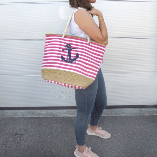 Bolso de playa shopper grande a rayas con estampado de ancla adorno de rafia marítimo nuevo - Imagen 6 de 46