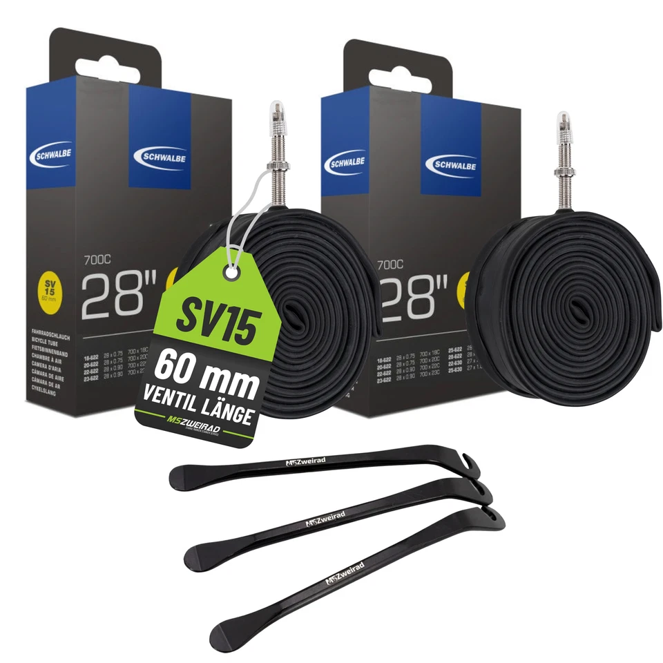 2x Schwalbe Fahrrad Schlauch 28 Zoll SV15 60mm (18/28-622/630) mit 3 Reifenheber