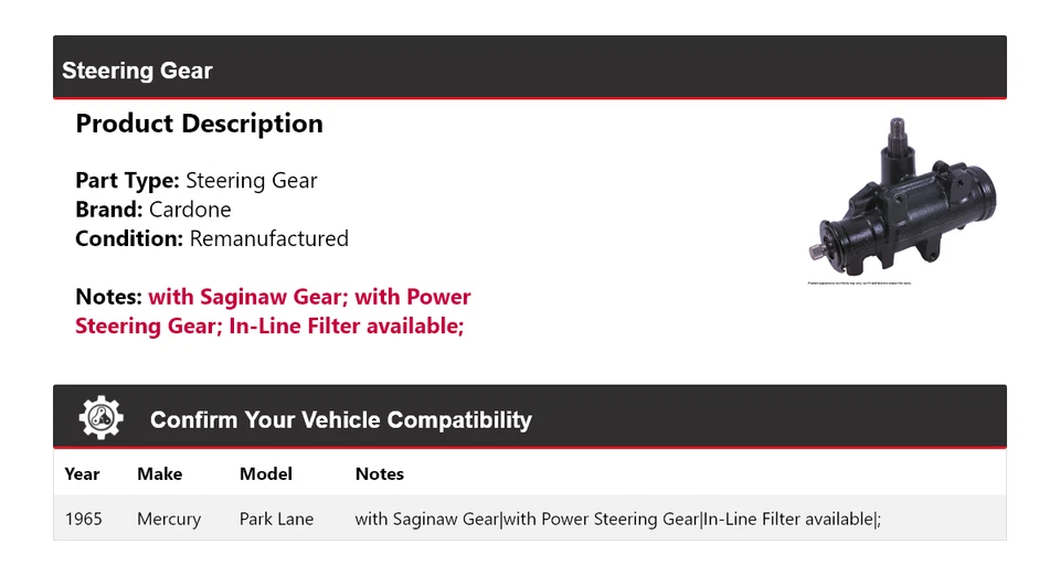 Engrenagem de direção Cardone Mercury Park Lane 1965 - Imagem 2 de 4