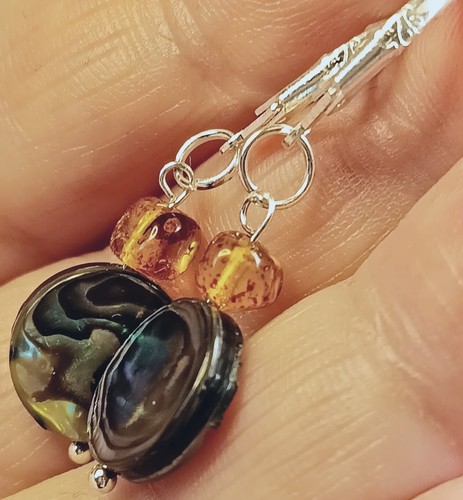 Earrings High Quality Shell Abalone, Natural Genuine Amber, Silver 925,gift - Picture 5 of 12