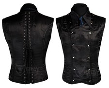 Mens Corset Vest Black Satin Steel Boned Steampunk Gothic Business Waistcoat US