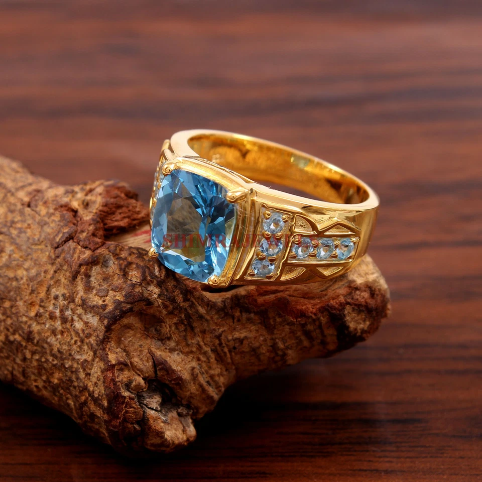 Anillo para hombre de plata de ley 925 chapado en oro con piedras preciosas de topacio azul natural #258 Foto 2 de 3