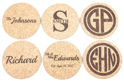 2 Personalized Drink Coasters, Engraved Natural Cork Coasters, Customized Gift