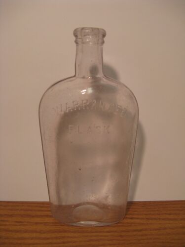 Vintage Antique Glass Full Pint Strap Side Embossed Flask Cork Stopper Bottle 04 - Picture 1 of 4