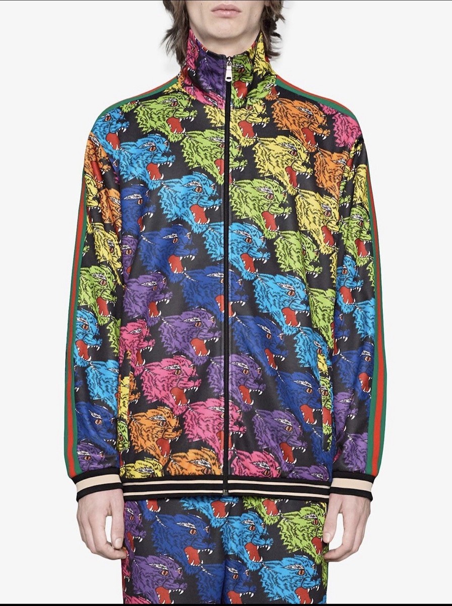 1*1様 GUCCI カラフルストライプジャケット NWT Gucci Rainbow Panther Face Technical Web Striped Jersey Jacket