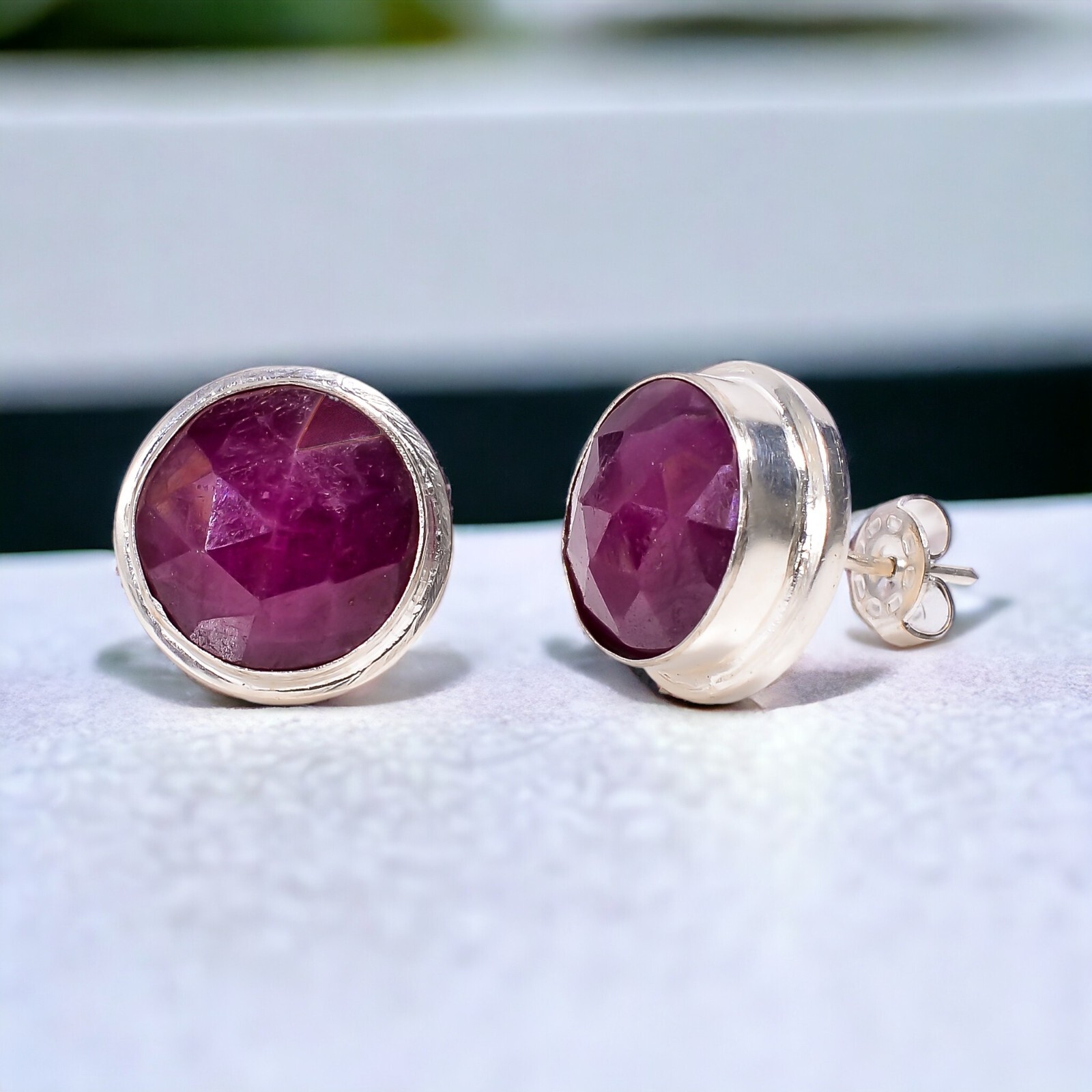 Natural Pink Ruby 925 Silver Minimalist Stud Earrings for Girls