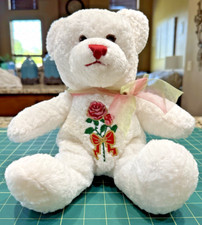 Dan Dee Teddy Bear Plush Ivory Embroidered Red Roses Red Nose Ribbon Bow 13"