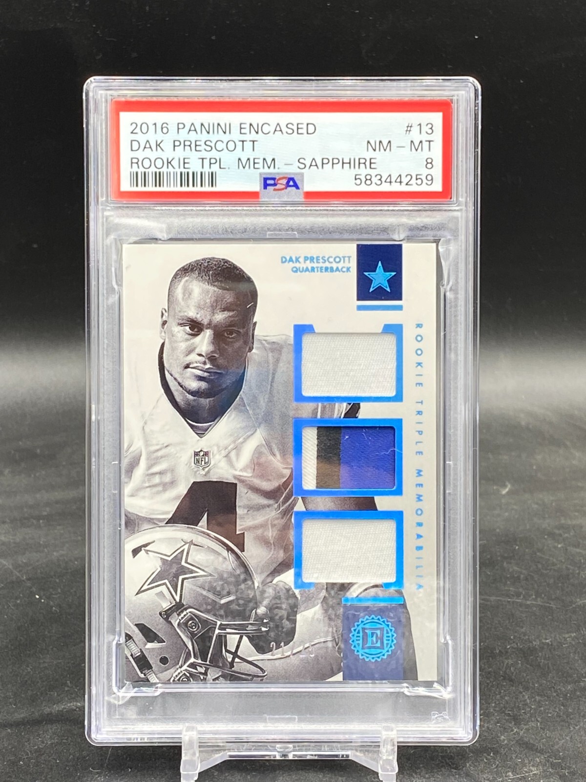 Dak Prescott Panini Encased Rookie Triple Memorabilia #13 Sapphire