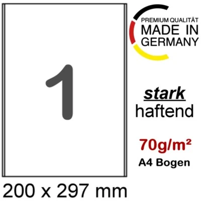100 x selbstklebendes Papier 70g/m² auf DIN A4 Blatt 200 x 297 mm stark haftend