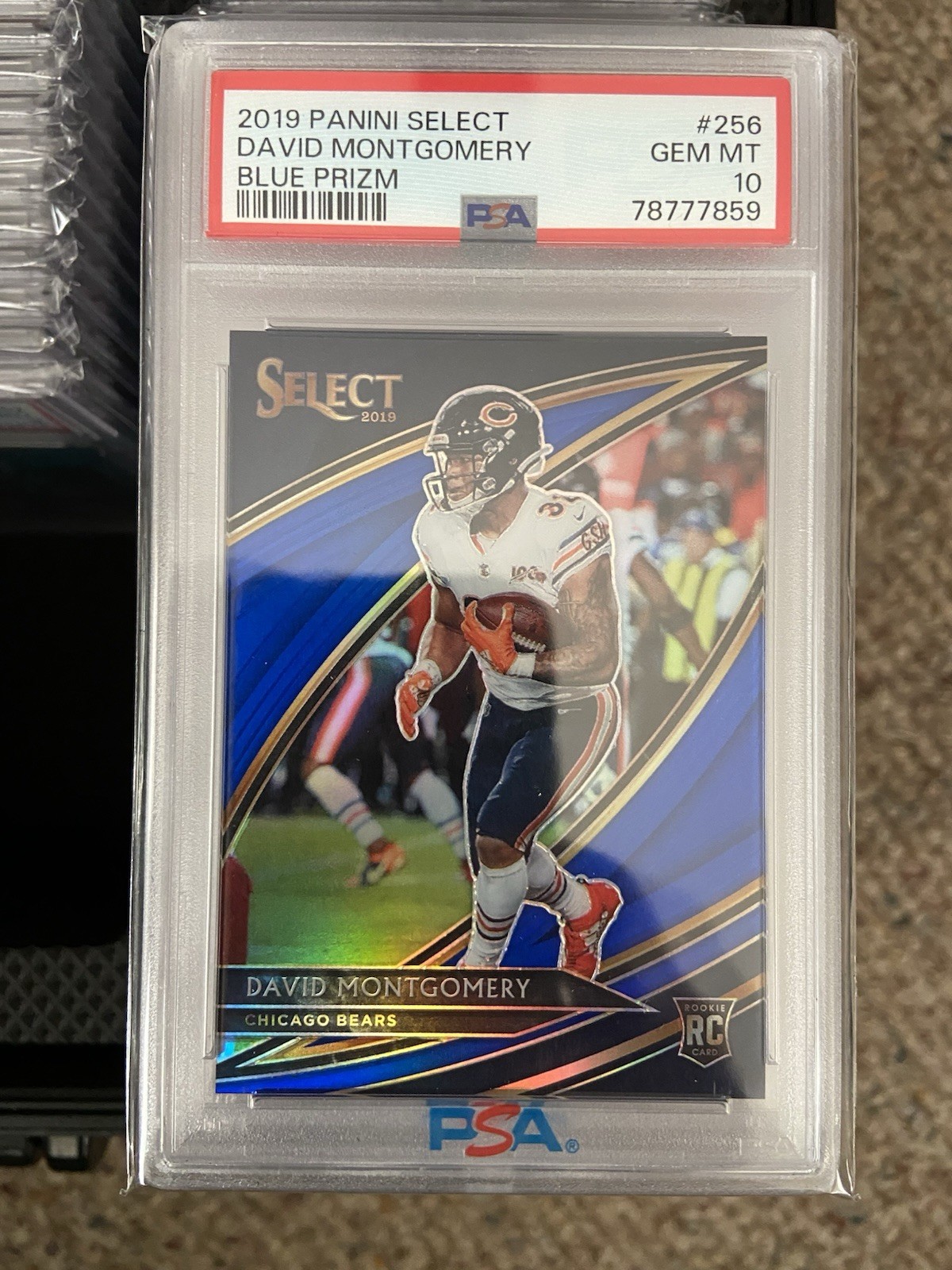 2019 PANINI SELECT DAVID MONTGOMERY RC FIELD LEVEL BLUE PRIZM #/75 SP PSA 10