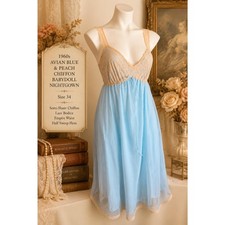 Vintage 1960s Avian Blue And Peach Chiffon Half Sweep Babydoll Nightgown Size 34