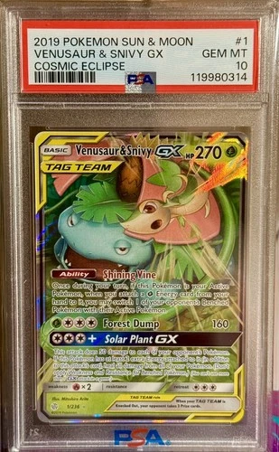 Pokemon COSMIC ECLIPSE SUN & MOON  VENUSAUR & SNIVY GX 1 GEM MINT PSA 10