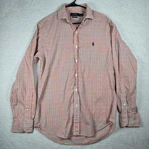 Polo Ralph Lauren Slim Fit Shirt Mens Medium Orange Blue Plaid Tattersall Check - product listing photo