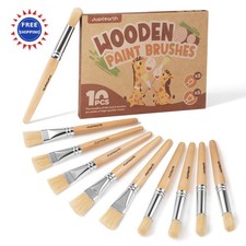 Jumbo Paint Brushes 10 Pcs Round Flat Toddler Easy Grip Natural Wood Handles