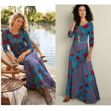 Soft Surroundings Ismerelda Floral Maxi Dress Blue Pink Jersey Long Sleeve M NEW