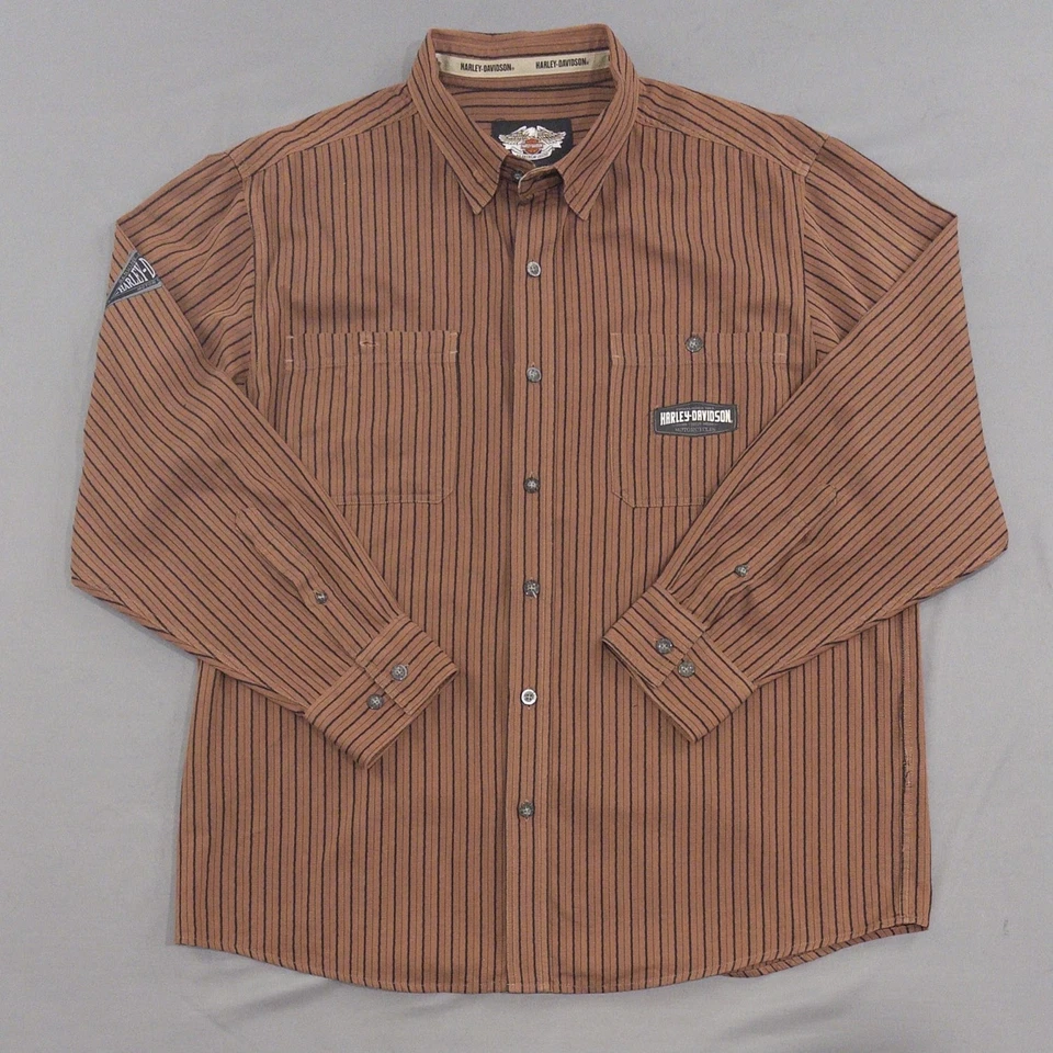 Camisa de manga larga Harley-Davidson para hombre marrón a rayas con botones Foto 2 de 4
