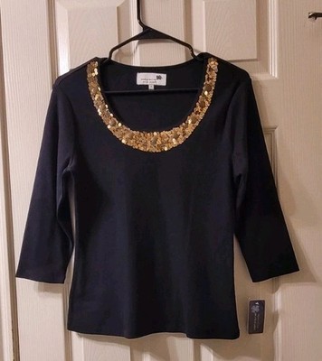 Vintage Completely Me by Liz Lange S Embellished Black Long Sleeve Blouse Top