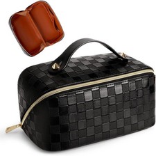 Large Capacity Makeup Bag Travel Toiletry Organizer Waterproof PU Leather Black