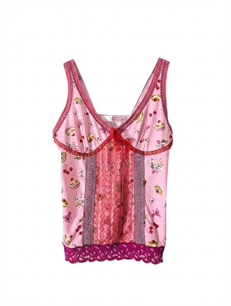 Mazi Pink Cherry & Cupcake Print Lace Trim Corset Tank Top Size M