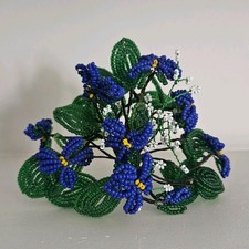Vintage French Glass Seed Bead Blue Yellow Flowers Bouquet Green Leaves Handmade