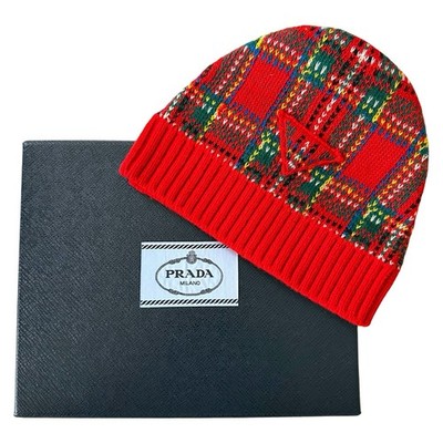 PRADA ニットキャップ PRADA Authentic Wool Cashmere Beanie Hat Red Plaid Knit Triangle