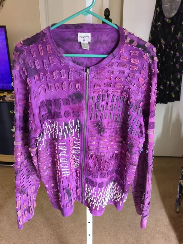 purple textured tie-dye zip-up jacket is from Chico's.  Size 2 Us Sz 12 Cotton