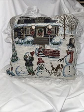 Winter Tapestry Throw Pillow Snowman Scene Rustic Lodge Holiday Cabin Décor