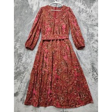 Julia Jordan Dress Womens 8 Red Pink Paisley Long Sleeve V-Neck Maxi Belted Boho