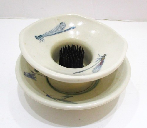 Artisan Pottery 2 Piece Ikebana Flower Frog with Hand Painted Dragon Flies
