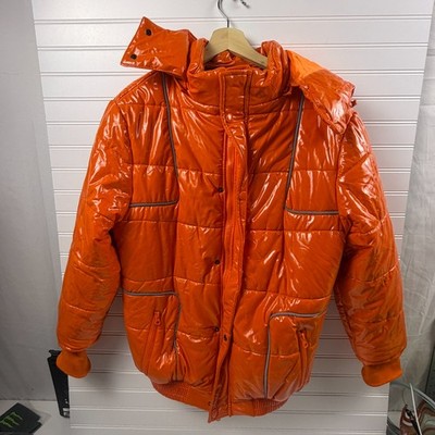 Milano Di Rouge Elliot Puffer Coat Unisex M Orange Patent Leather Hooded Quilted