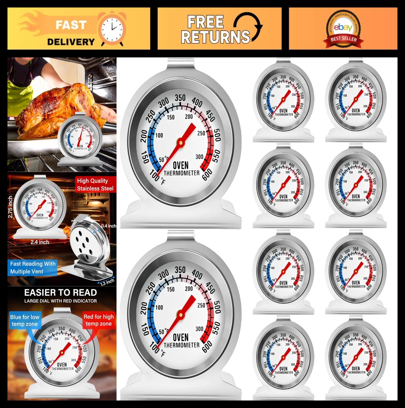 10 Pack Stainless Steel Oven Thermometers 50-300°C/100-600°F Large Dial BBQ Cook
Opens in a new wind