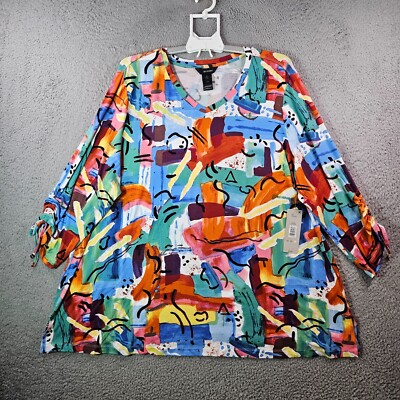 $74 NWT Ali Miles Tee Top Women 2X Stretch Multicolor Abstract Print Stretch